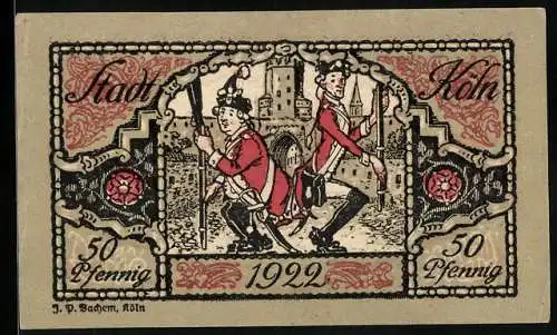 Notgeld Köln 1922, 50 Pfennig, Stadtsoldaten beim Tanz, Gutschein