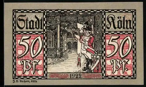 Notgeld Köln 1922, 50 Pfennig, Stadtsoldat verliest eine Mitteilung, Gutschein