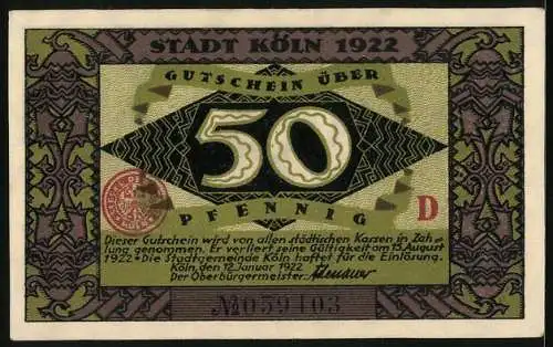 Notgeld Köln 1922, 50 Pfennig, Dombaumeister und der Teufel, Gutschein