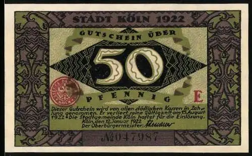 Notgeld Köln 1922, 50 Pfennig, Heinzelmännchen von Köln, Gutschein