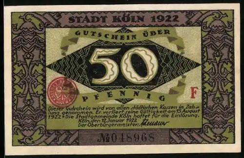 Notgeld Köln 1922, 50 Pfennig, Heinzelmännchen von Köln, Gutschein