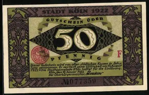 Notgeld Köln 1922, 50 Pfennig, Heinzelmännchen von Köln, Gutschein