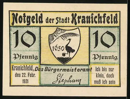 Notgeld Kranichfeld 1921, 10 Pfennig, Niederburg (Weimarisches Schloss)