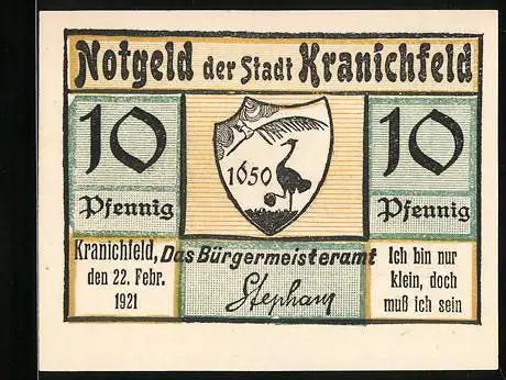 Notgeld Kranichfeld 1921, 10 Pfennig, Oberschloss (Meiningisches Schloss)