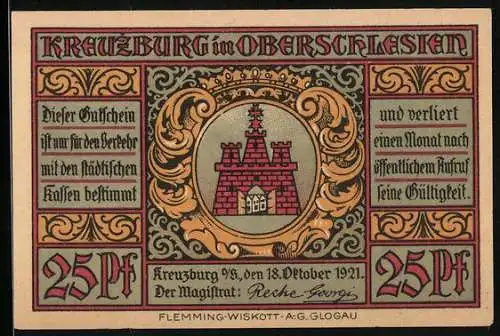 Notgeld Kreuzburg i. Oberschlesien 1921, 25 Pfennig, Glocken läuten nach der Volksabstimmung 1921, Wappen, Gutschein