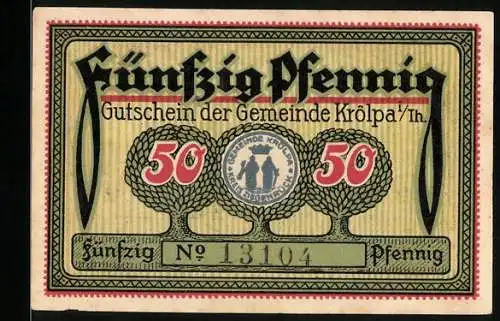 Notgeld Krölpa i. Th. 1921, 50 Pfennig, Schloss Brandenstein, Pinsenberg u. Burg Ranis, Gutschein