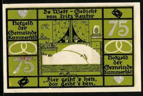 Notgeld Kummerfeld, 75 Pfennig, Fritz Reuter im Porträt, De Wett-Gedicht von Fritz Reuter