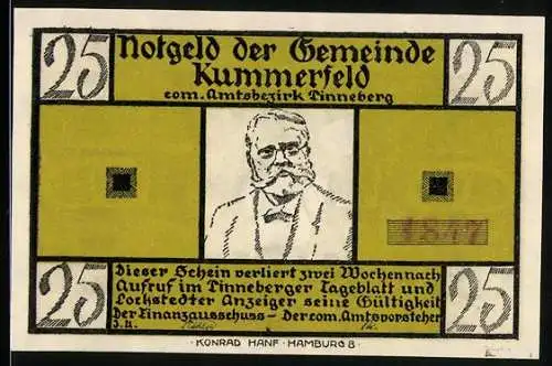 Notgeld Kummerfeld, 25 Pfennig, Fritz Reuter im Porträt, De Wett-Gedicht von Fritz Reuter