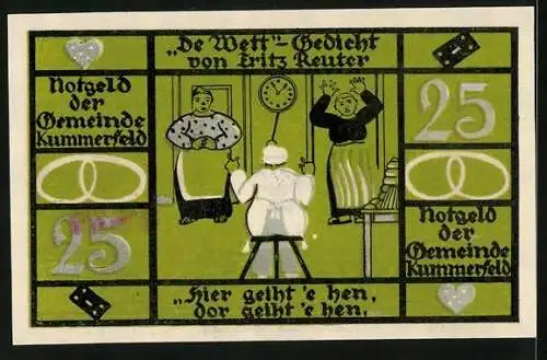 Notgeld Kummerfeld, 25 Pfennig, Fritz Reuter im Porträt, De Wett-Gedicht von Fritz Reuter