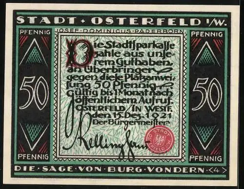 Notgeld Osterfeld i. W. 1921, 50 Pfennig, Sage von Burg Vondern, Männer betrachten eine Frau vor ihren Füssen