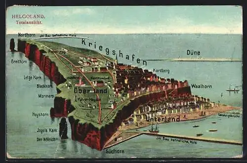 AK Helgoland, Totalansicht mit Unterland und Oberland