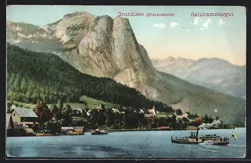 AK Grundlsee, Schiff auf dem See, Gebirgsblick