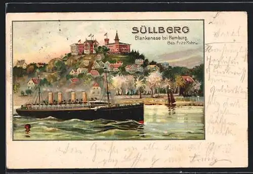 Lithographie Hamburg-Blankenese, Dampfer auf der Aslter am Süllberg