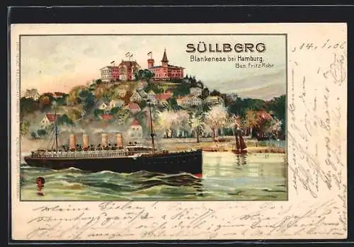 Lithographie Hamburg-Blankenese, Dampfer auf der Aslter am Süllberg