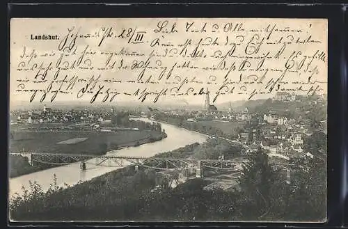 AK Landshut / Isar, Ortspanorama mit Brücke