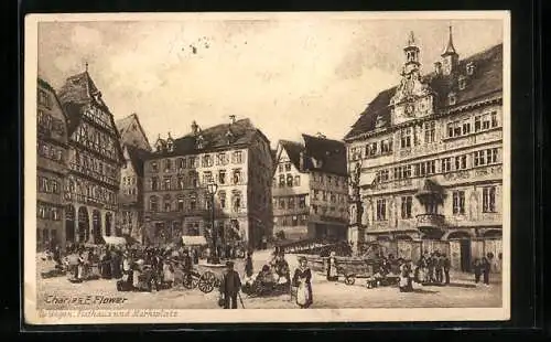 Künstler-AK Tübingen, Rathaus und Marktplatz