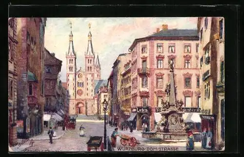 Künstler-AK Charles F. Flower: Würzburg, Dom-Strasse mit Kirche