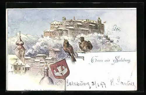 Künstler-AK Salzburg, Ortsansicht mit der Festung Hohensalzburg