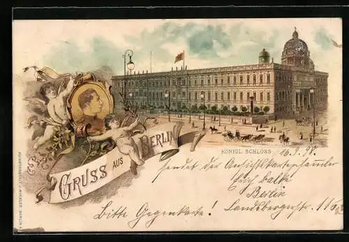 Lithographie Berlin, Königliches Schloss, Engel