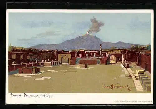 Künstler-Lithographie Pompeii, Panorama del Foro, Vesuv und Forum