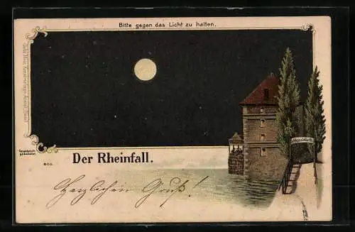 Lithographie Rheinfall, Schloss Wörth, Halt gegen das Licht: stürzender Mann