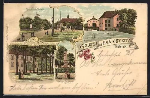 Lithographie Bramstedt / Holstein, Bleeck mit Roland, Kriegerdenkmal