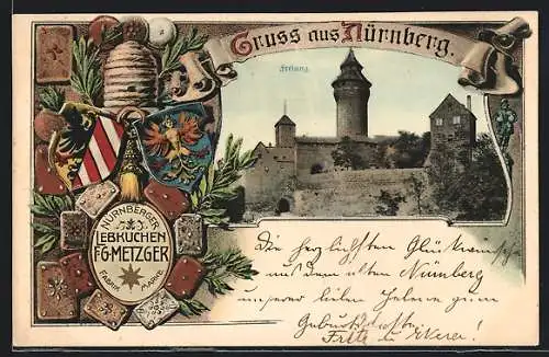 AK Nürnberg, Burg Freiung, Bienenstock, Wappen, Lebkuchen FG Metzger