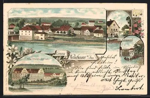 Lithographie Neuhaus a. Inn, Engl. Fräulein-Institut, Ort bei Hochwasser
