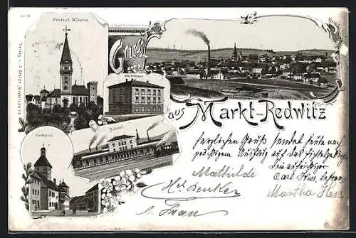 Lithographie Markt-Redwitz, Bahnhof von der Gleisseite, Protest. Kirche, Waisenhaus