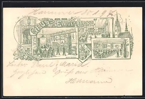 Lithographie Hannover, Das Gasthaus Ewige Lampe, mit Büffet-Zimmer, Eck-Zimmer und Halle