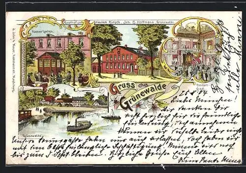 Lithographie Grünewalde / Elbe, Gasthof zum braunen Hirsch v. E. Hoffmann, mit Concertsaal und kleinem Garten