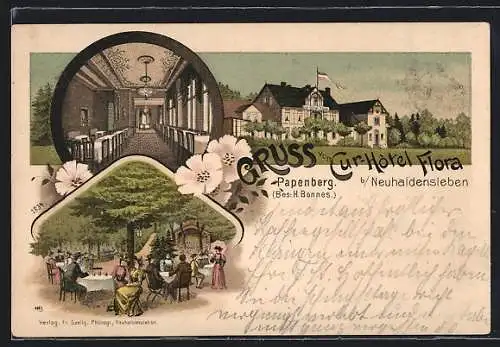 Lithographie Neuhaldensleben-Papenberg, Cur-Hotel Flora mit Garten