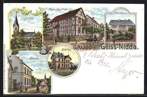 Lithographie Geiss-Nidda, Post-Agentur, Kirche, Pfarrhaus, Schule