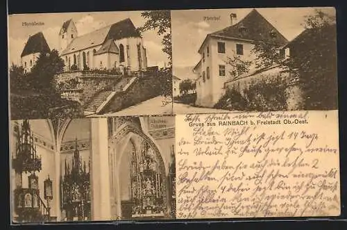 AK Rainbach im Mühlkreis, Pfarrkirche, Pfarrhof und Kircheninneres