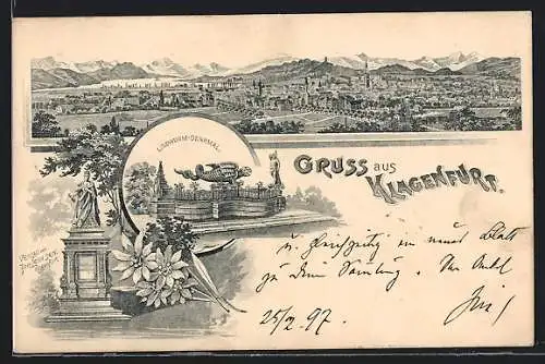 Lithographie Klagenfurt, Ortsansicht aus der Ferne, Lindwurm-Denkmal, Maria-Theresia-Monument