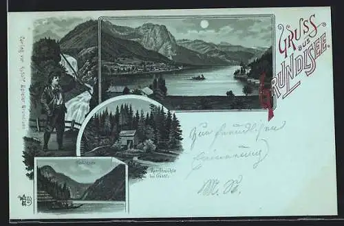 Mondschein-Lithographie Grundlsee, Ranstlmühle bei Gössl und Toplitzsee