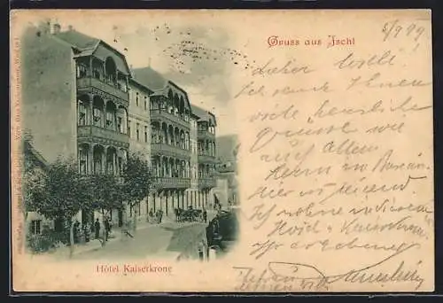 AK Ischl, Hotel Kaiserkrone mit Kutsche