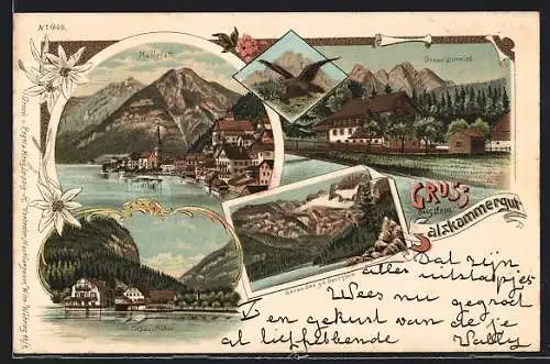 Lithographie Hallstatt, Gosau-Mühle, Gosau-Schmiede, Ortsansicht