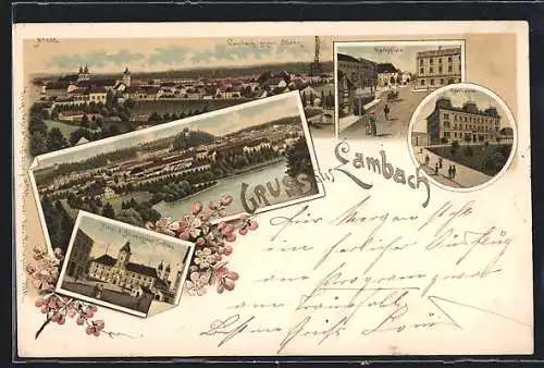 Lithographie Lambach /O.-Oe., Sparkasse, Marktplatz, Portal d. Benediktiner-Stiftes