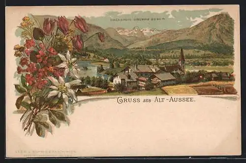 Lithographie Alt-Aussee, Panorama mit Dachstein-Gruppe