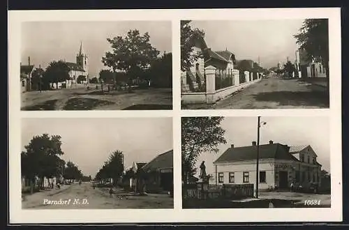 AK Parndorf, Gasthaus Illenschitz, Strassenpartie bei der Kirche