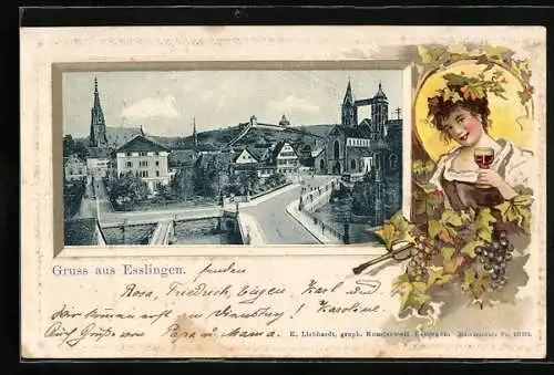 Passepartout-Lithographie Esslingen / Neckar, Ortsansicht mit der Kirche, Frau mit Wein im Passepartout