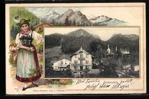 Passepartout-Lithographie Birkenstein, Blick in den Ort mit Hotel, Frau im Trachtekleid