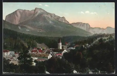 AK Aussee, Ortsansicht mit Kirche gegen die Berge