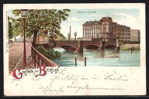 Lithographie Berlin-Tiergarten, Flusspartie an der Moabiter Brücke