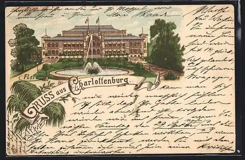 Vorläufer-Lithographie Berlin-Charlottenburg, 1895, Ansicht der Ausstellungshalle FLORA