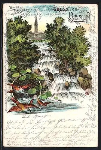 Lithographie Berlin-Kreuzberg, Wasserfall im Victoria-Park