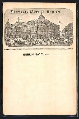 Lithographie Berlin, Central-Hotel mit Kutschen