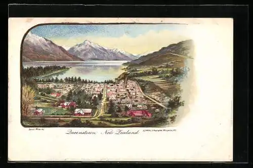 Lithographie Queenstown, Panorama mit See und Bergen