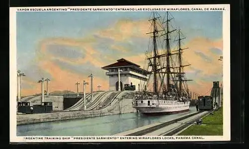 AK Miraflores, Argentine training ship Presidente Sarmiento entering the locks